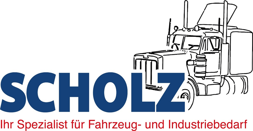 Scholz-Logo mit Lkw-Zeichnung und Slogan 'Ihr Spezialist für Fahrzeug- und Industriebedarf'